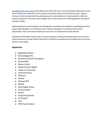 Copy of the joint statement: UK policymakers must prioritise addressing
the roots of online harm, not undermining the open web