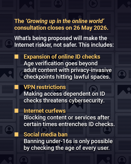 The ‘Growing up in the online world’ consultation closes on 26 May 2026.
What’s being proposed will make the Internet riskier, not safer. This includes:

Expansion of online ID checks – Age verification goes beyond adult content with privacy-invasive checkpoints hitting lawful spaces.

VPN restrictions – Making access dependent on ID checks threatens cybersecurity.

Internet curfews – Blocking content or services after certain times entrenches ID checks.

Social media ban – Banning under-16s is only possible by checking the age of every user.